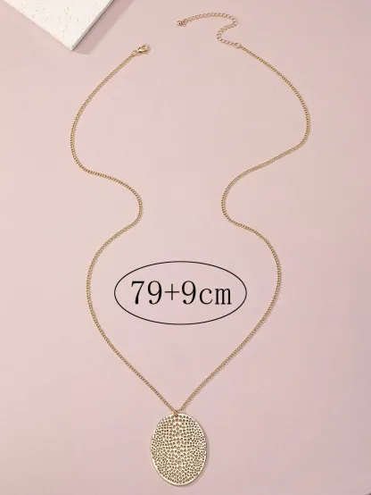 1pc Gold-Tone Alloy Ellipse Pendant Simple Fashionable Elegant Long Necklace