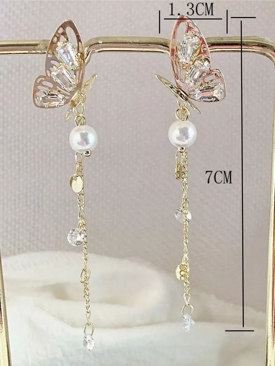 Faux Pearl & Rhinestone Decor Butterfly Drop Earrings