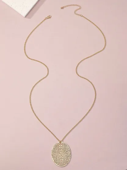 1pc Gold-Tone Alloy Ellipse Pendant Simple Fashionable Elegant Long Necklace