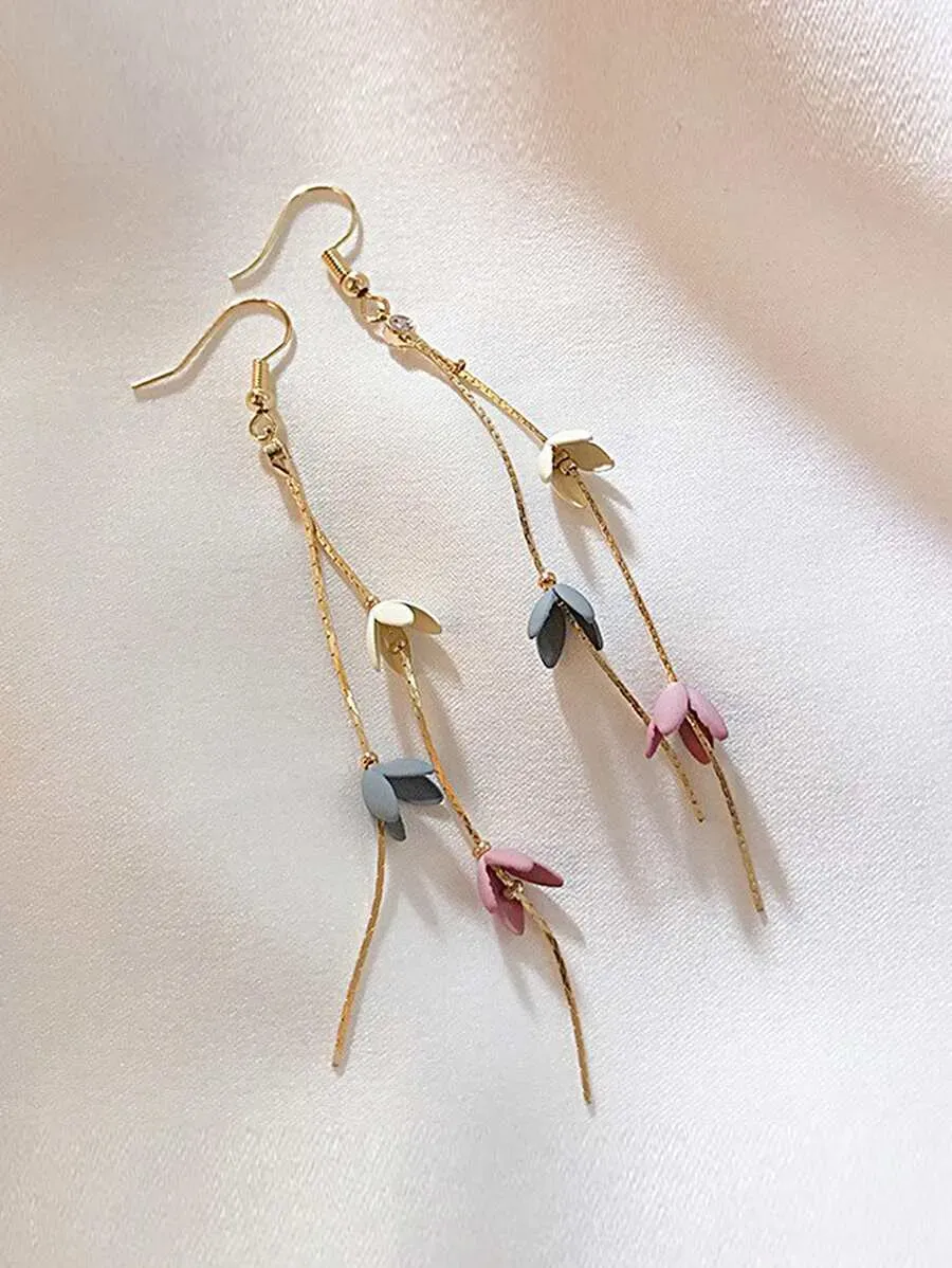 Flower & Metal Tassel Drop Earrings