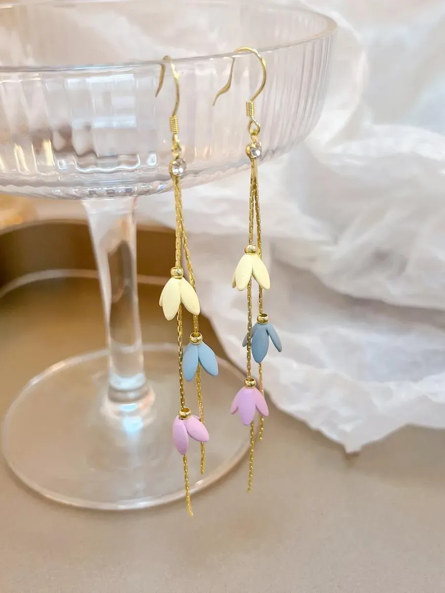 Flower & Metal Tassel Drop Earrings