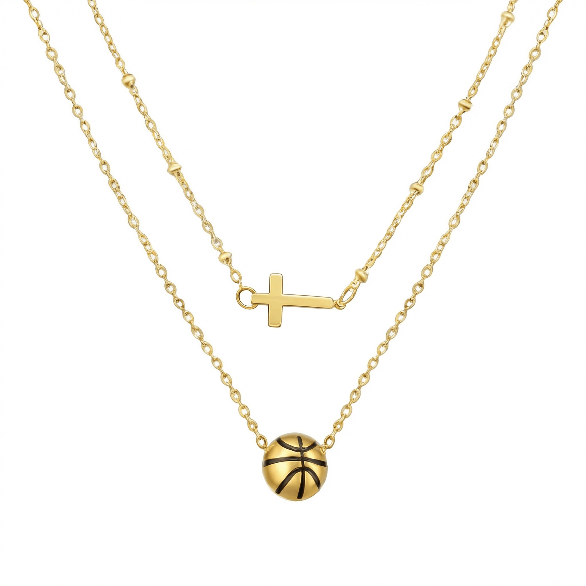 Layered Basketball and Cross Necklace