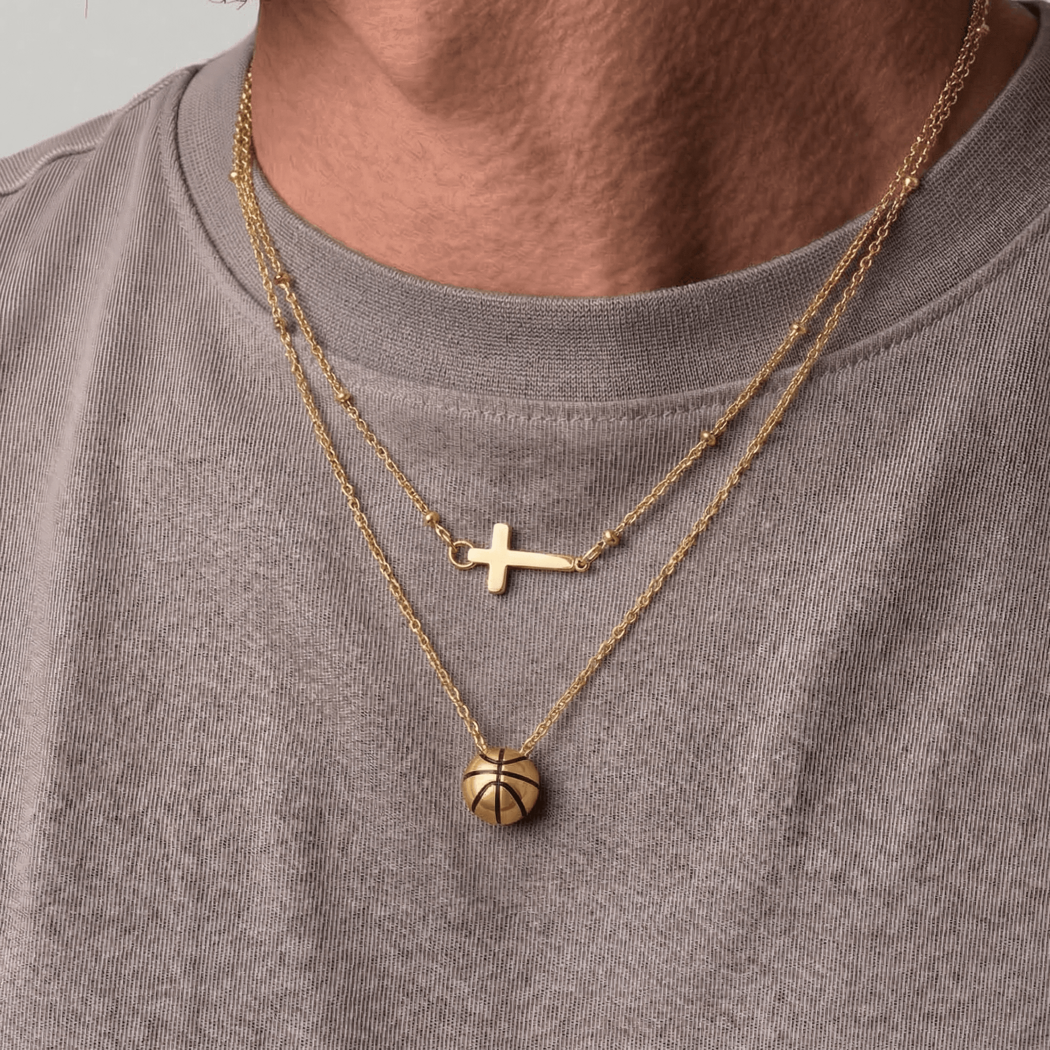 Layered Basketball and Cross Necklace