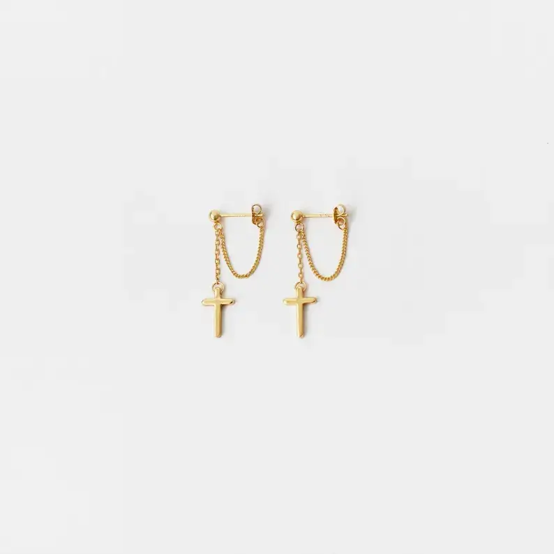 Cross Dangle Chain Stud Earring