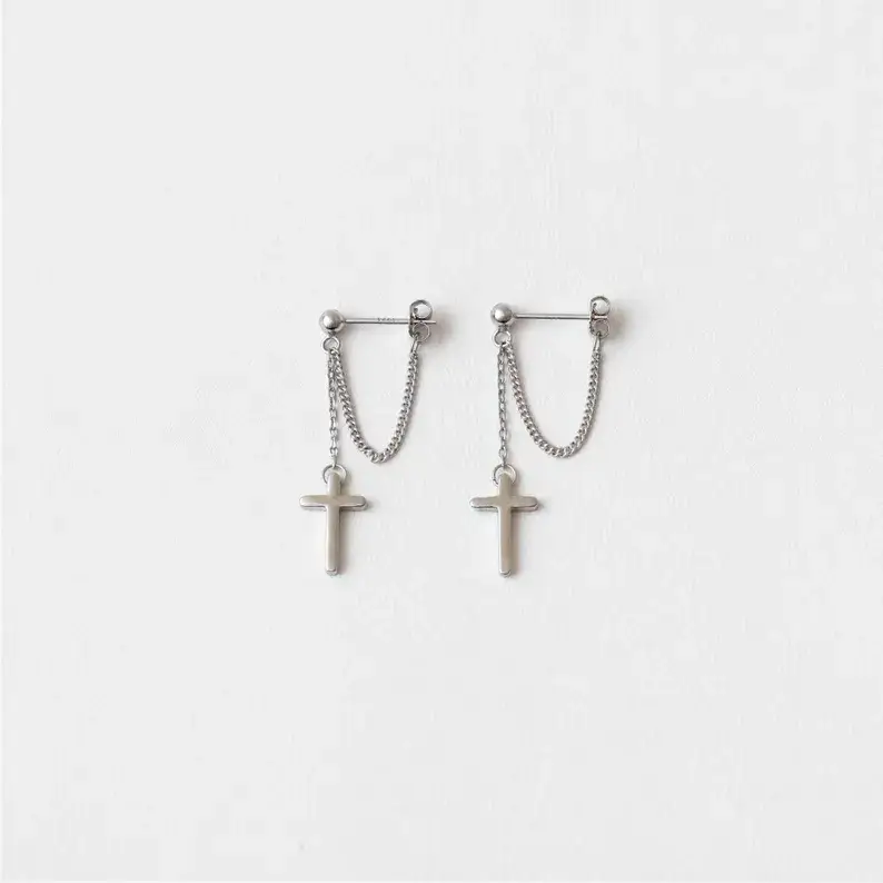 Cross Dangle Chain Stud Earring