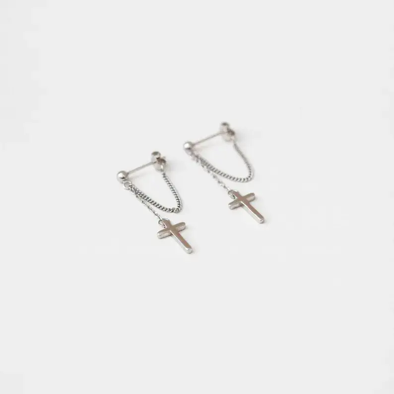 Cross Dangle Chain Stud Earring