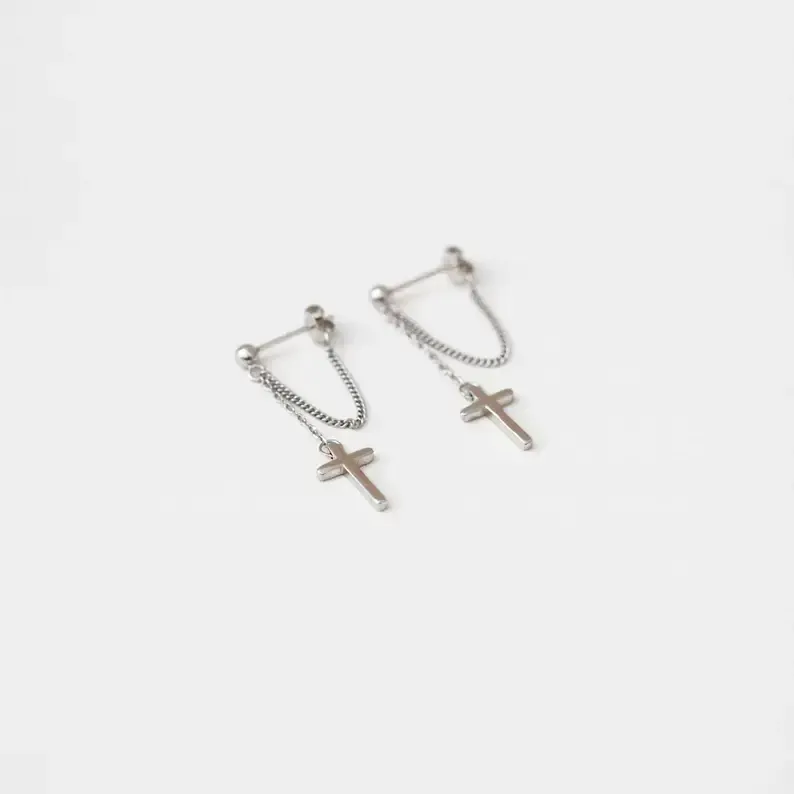 Cross Dangle Chain Stud Earring