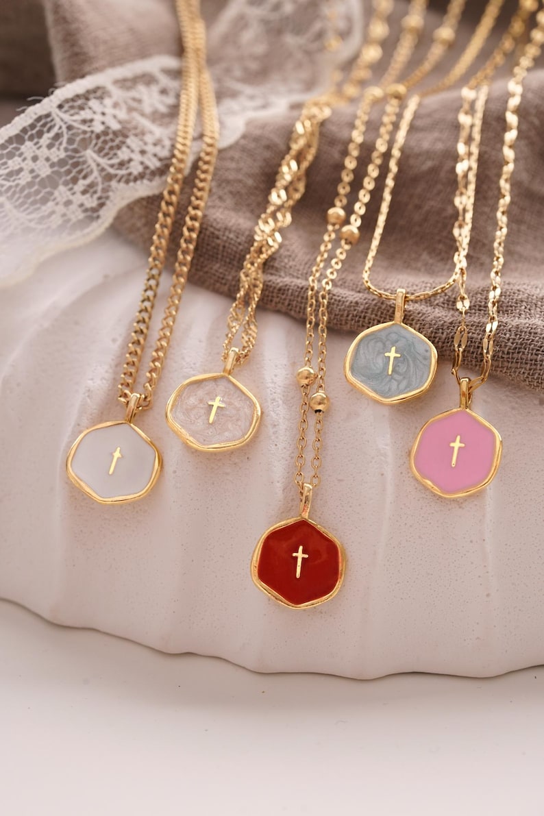 Gold Plated Waterproof Enamel Cross Pendant Necklace, Tiny Cross Necklace, Religious Necklace,Christmas Gift for her, Christian Gift