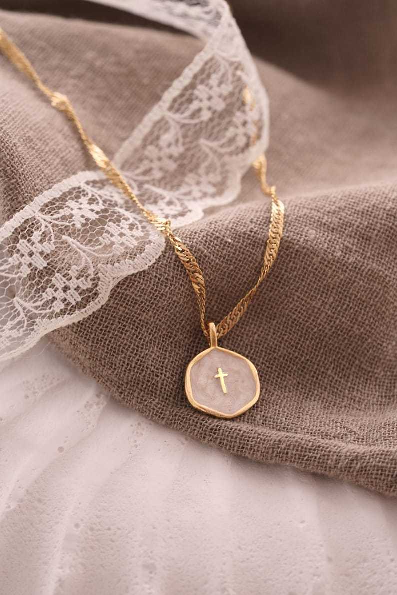 Gold Plated Waterproof Enamel Cross Pendant Necklace, Tiny Cross Necklace, Religious Necklace,Christmas Gift for her, Christian Gift