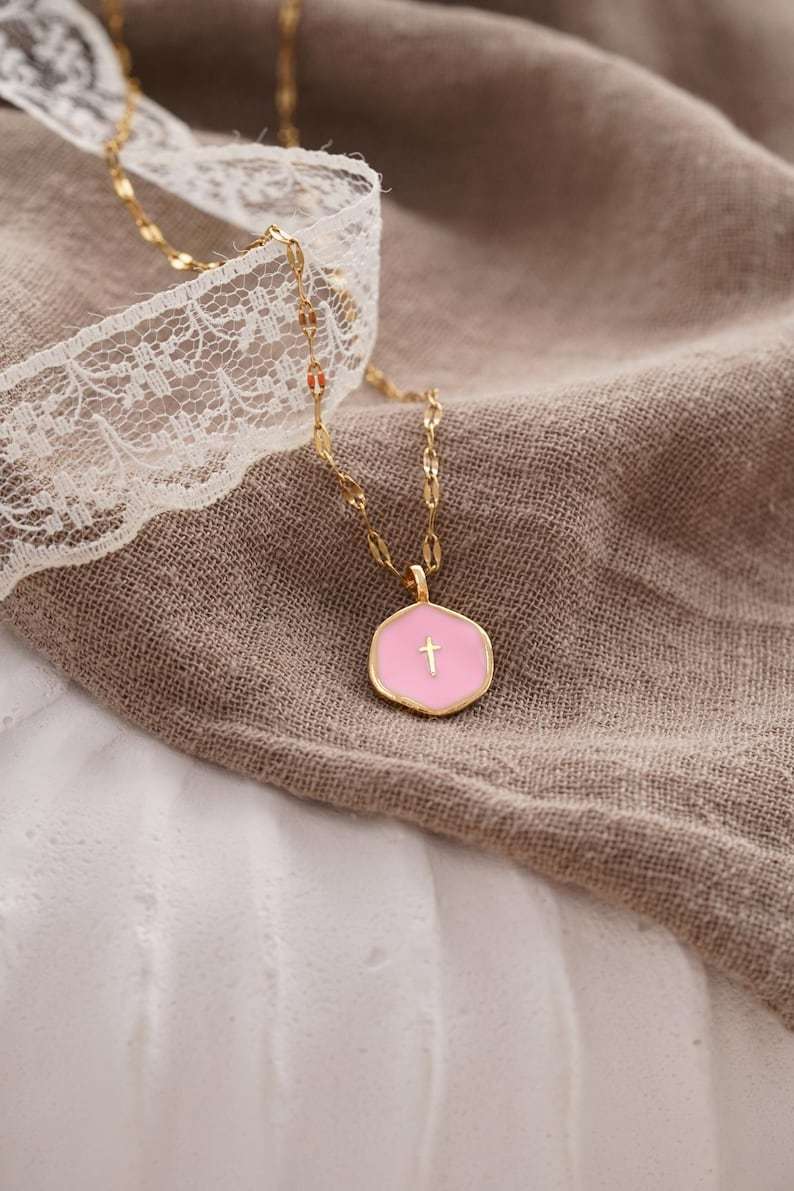 Gold Plated Waterproof Enamel Cross Pendant Necklace, Tiny Cross Necklace, Religious Necklace,Christmas Gift for her, Christian Gift