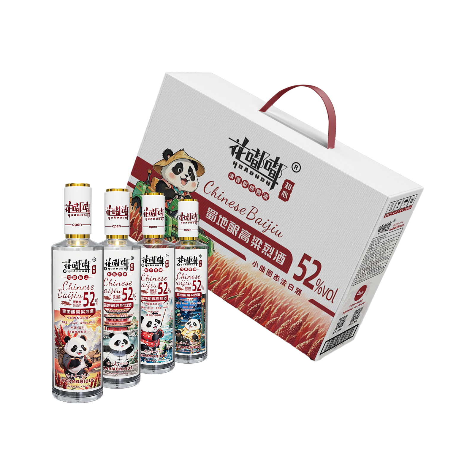 Huadudu Brand Zhixin Series Gift Box: 4 x 500mL, 52% Vol. Light-Aroma Style Pure Grain Liquor.