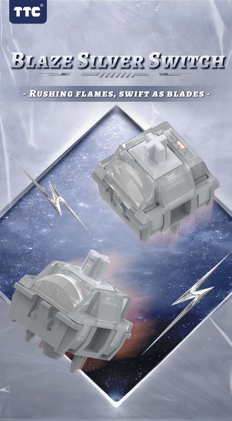 TTC Blaze Silver Switch, Dual Spring Linear 5pin Fast Factory Pre-lube Mechanical Keyboard Switch-HiFi Style