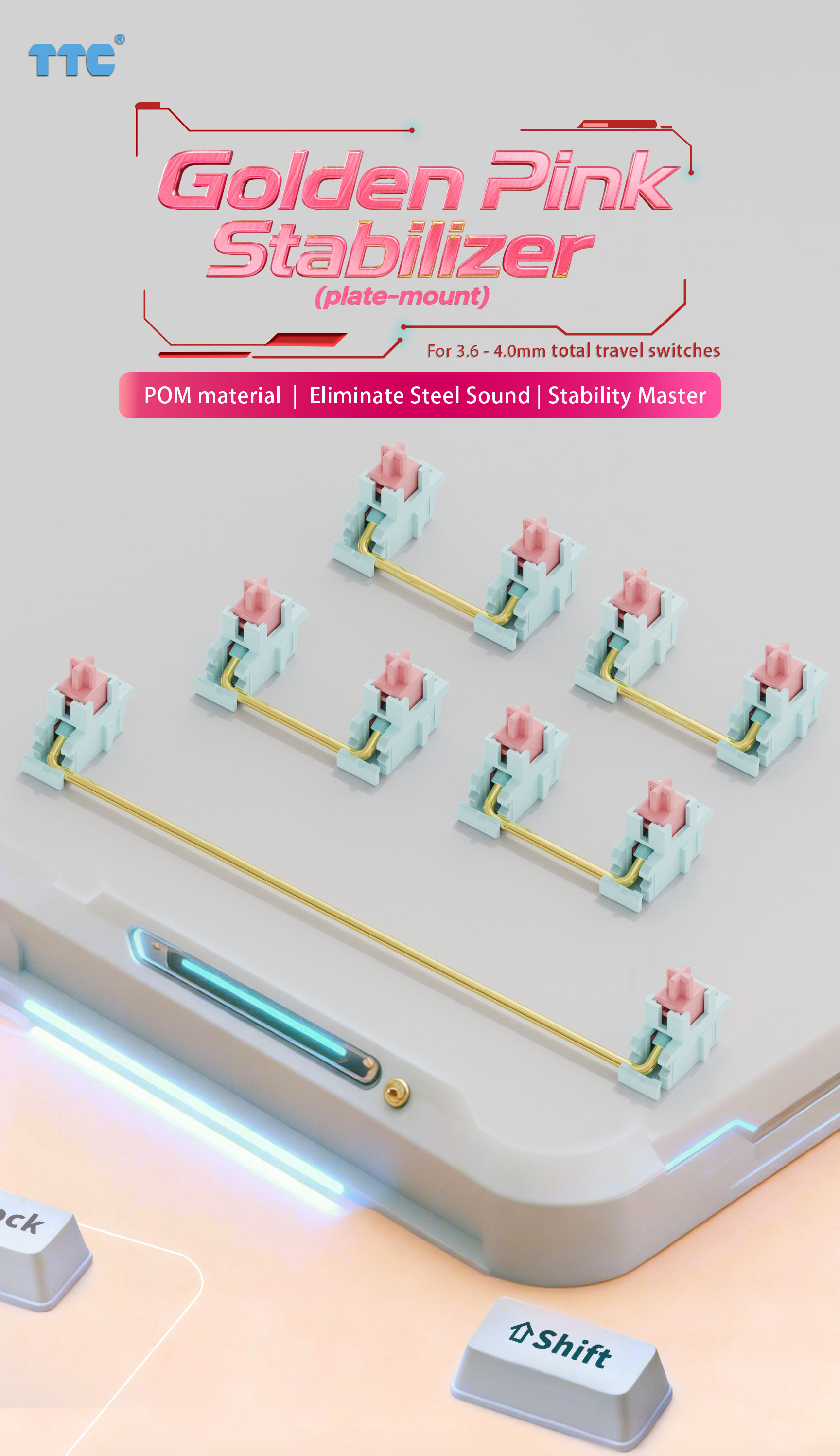 TTC Golden Pink Plate Mount Stabilizer (for total travel 3.6mm to 4mm)