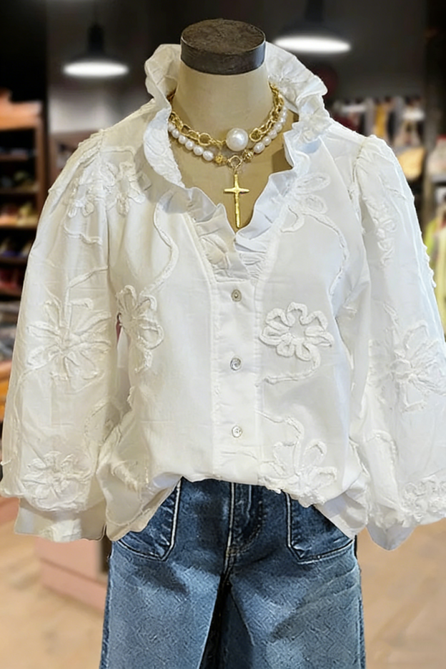 Embroidered Flower Ruffle Neck Puff Sleeve Top(BUY 2 FREE SHIPPING)