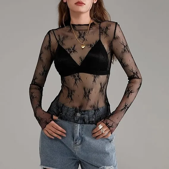 Women Long Sleeve Tops Sheer Lace Basic Shirt Casual Pullover For Fall Club Streetwear Aesthetic Clothes（BUY 3 FREE SHIPPING)