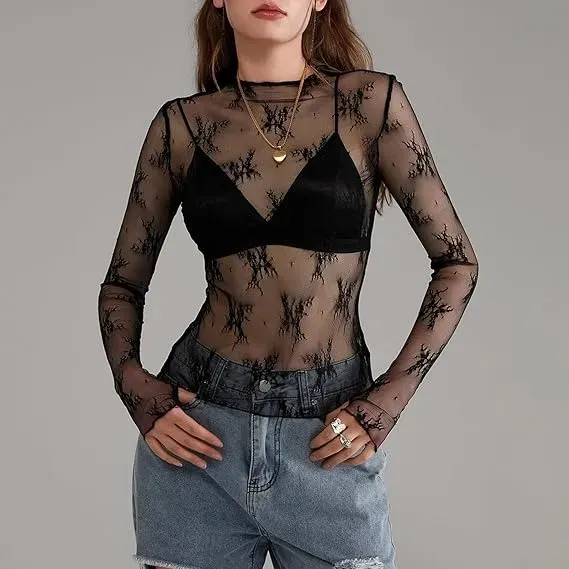 Women Long Sleeve Tops Sheer Lace Basic Shirt Casual Pullover For Fall Club Streetwear Aesthetic Clothes（BUY 3 FREE SHIPPING)