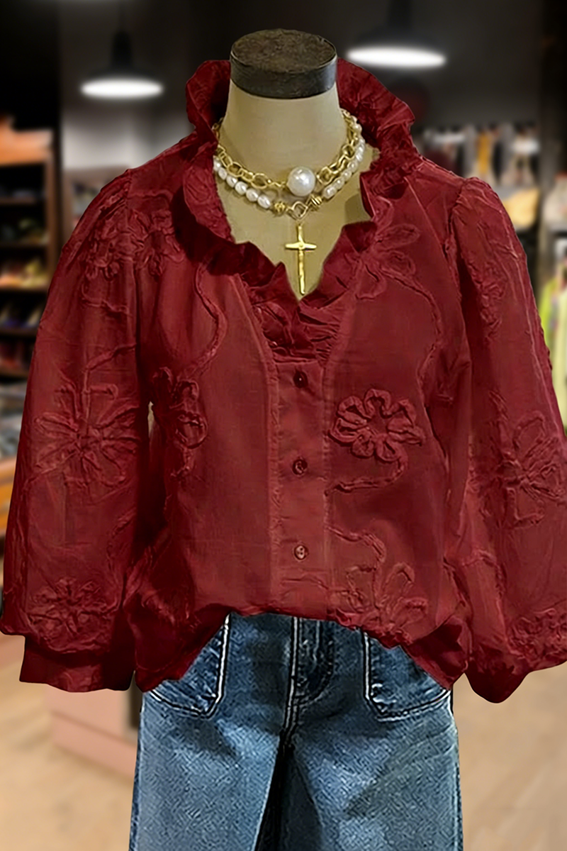 Embroidered Flower Ruffle Neck Puff Sleeve Top(BUY 2 FREE SHIPPING)