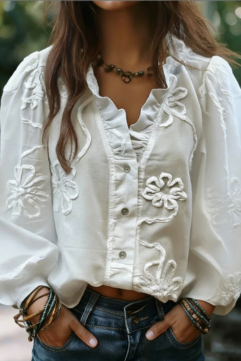 Embroidered Flower Ruffle Neck Puff Sleeve Top(BUY 2 FREE SHIPPING)
