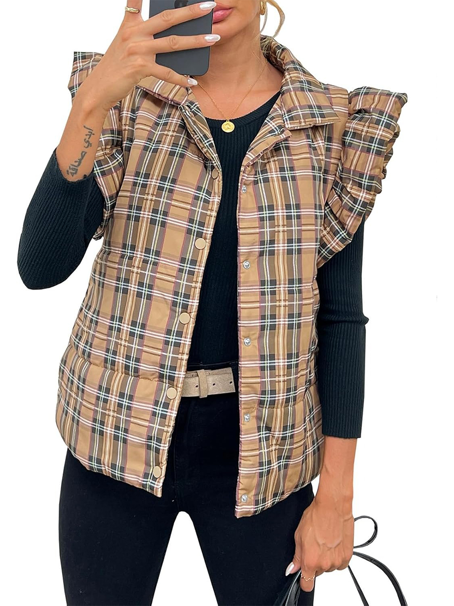 Women's Plaid Ruffle Sleeveless Lightweight Quilted Vest Coats