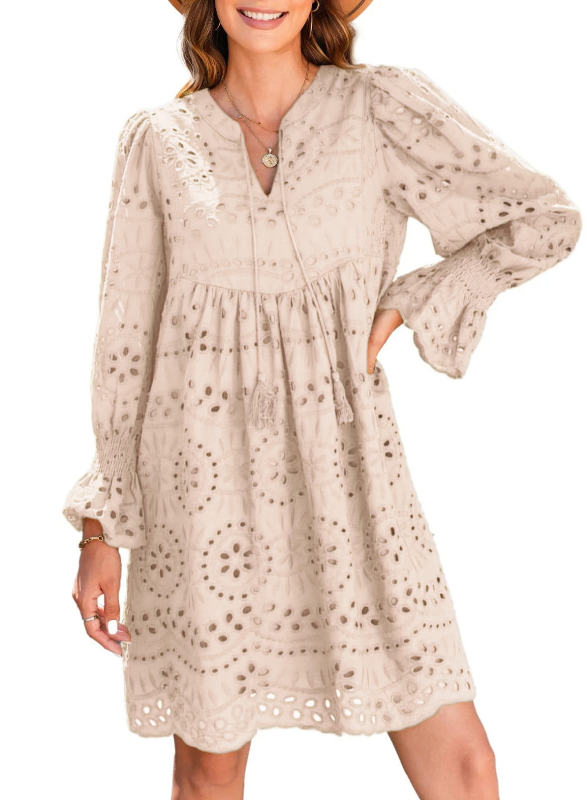 2025 New Women's V Neck Long Sleeve Hollow Out Lace Ruffle Dresses(Buy 2 Free Shipping)