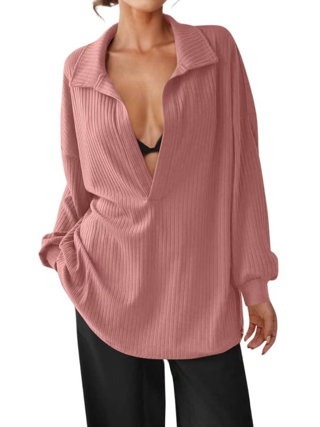 Womens Oversized Deep V Neck Sweatshirts Collared Long Sleeve Ribbed Knit Pullover Tops