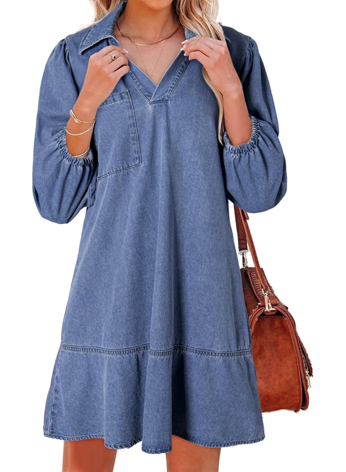 Women's V Neck 3/4 Puff Sleeve Denim Casual Dress