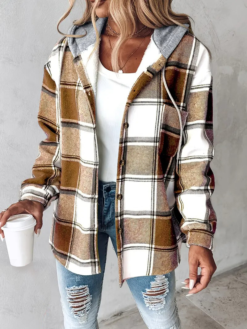 HOT SALE Women's Plaid Button Down Fleece Lined Hooded Jackets Warm Coat