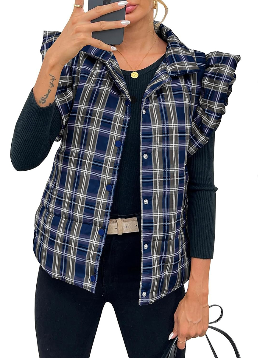 Women's Plaid Ruffle Sleeveless Lightweight Quilted Vest Coats
