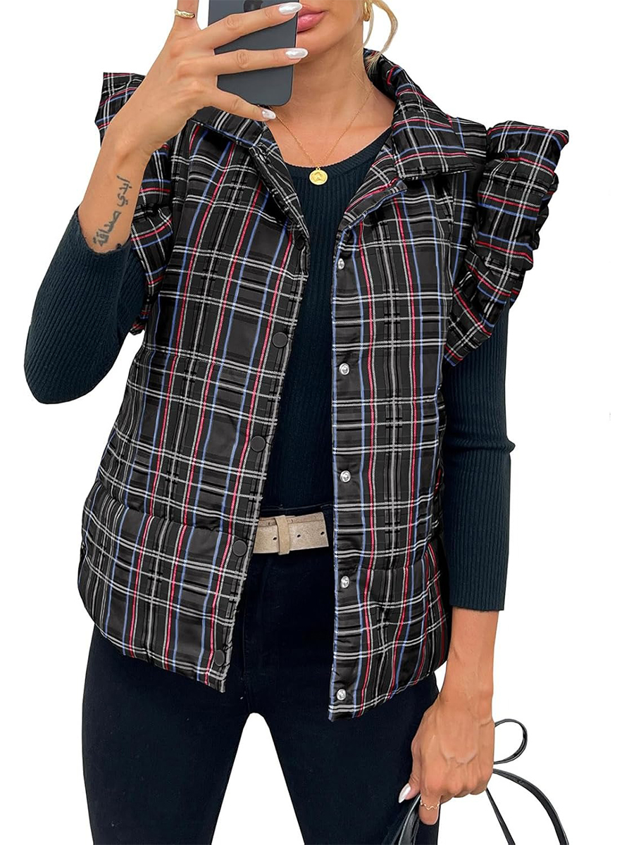 Women's Plaid Ruffle Sleeveless Lightweight Quilted Vest Coats