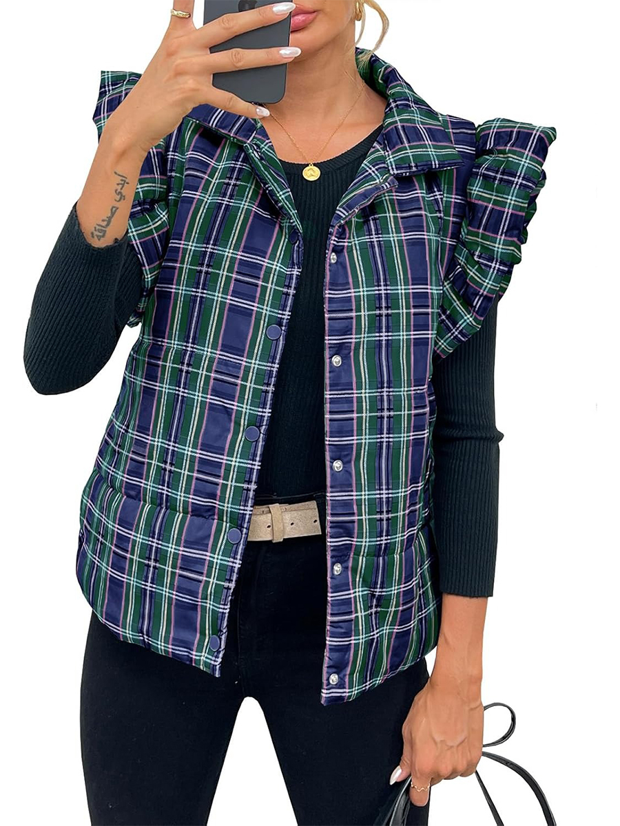 Women's Plaid Ruffle Sleeveless Lightweight Quilted Vest Coats
