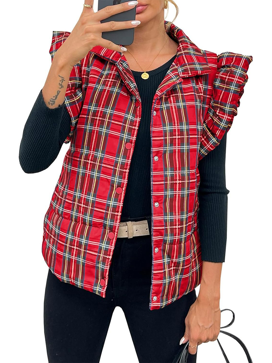 Women's Plaid Ruffle Sleeveless Lightweight Quilted Vest Coats