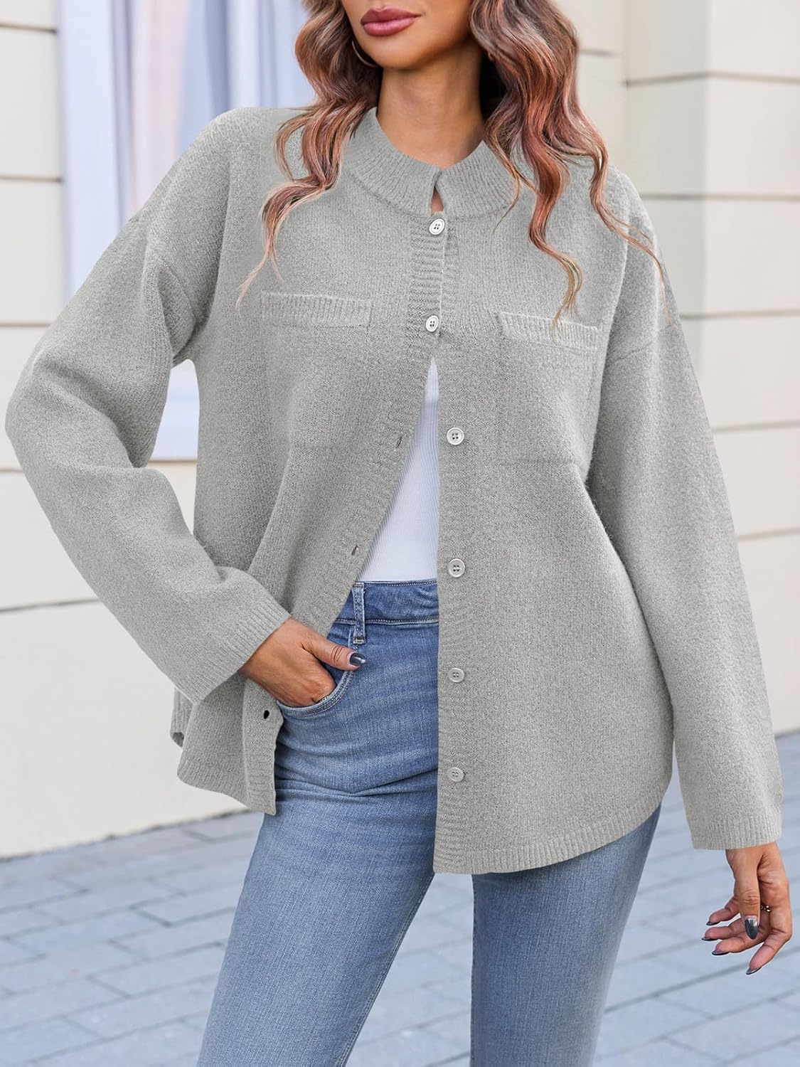 Womens Oversized Button Down Fall Sweater Jackets Casual Long Sleeve Knit Shirts