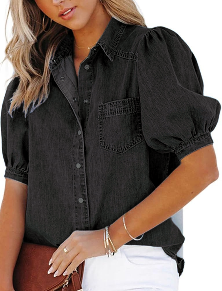 Women's Casual Puff Sleeve Denim Button-Down Shirt (Buy 2 Free Shipping)