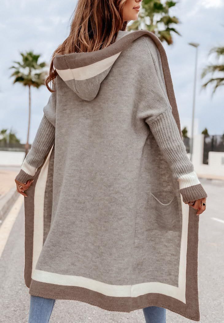 Women's Color Block Vertical Striped Open Front Oversized Hooded Long Cardigan Sweaters with Pockets