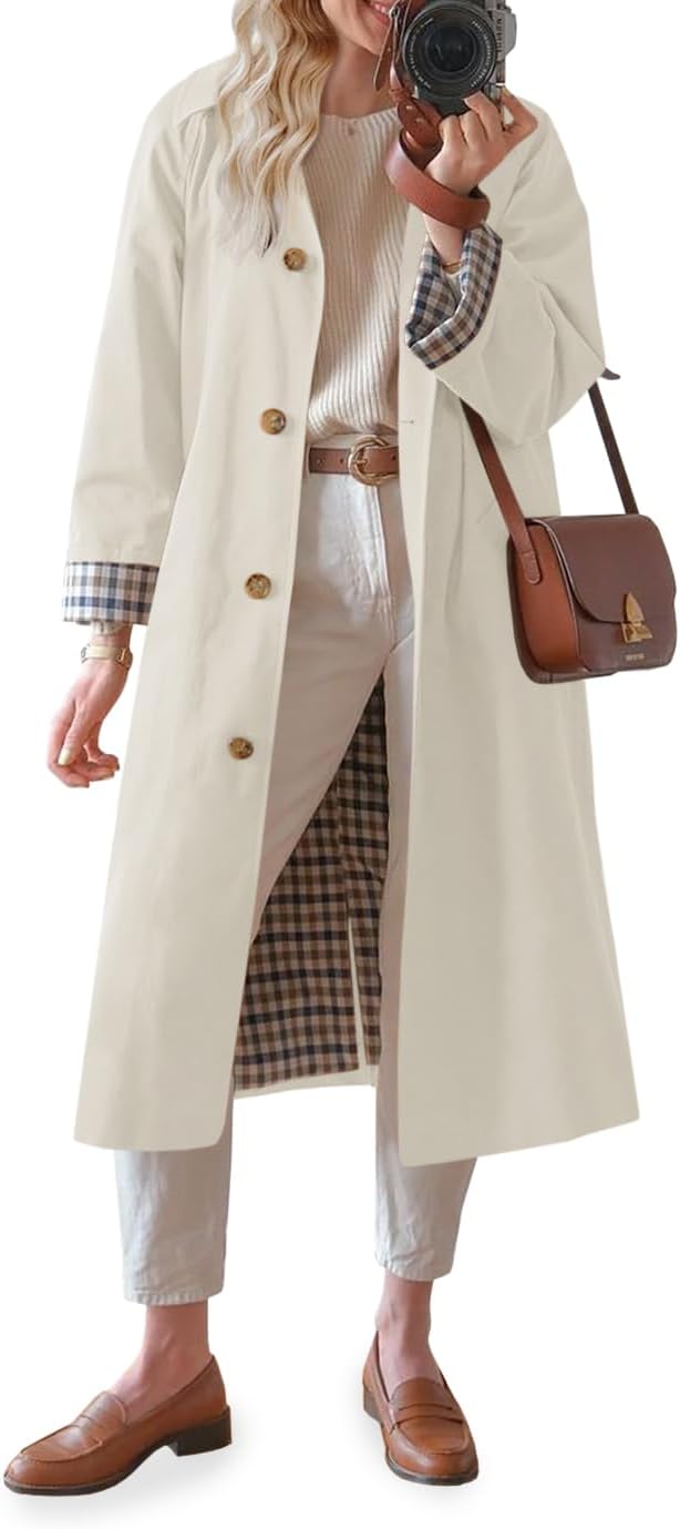 Womens Long Trench Coat Single Breasted Oversized Windproof Overcoat