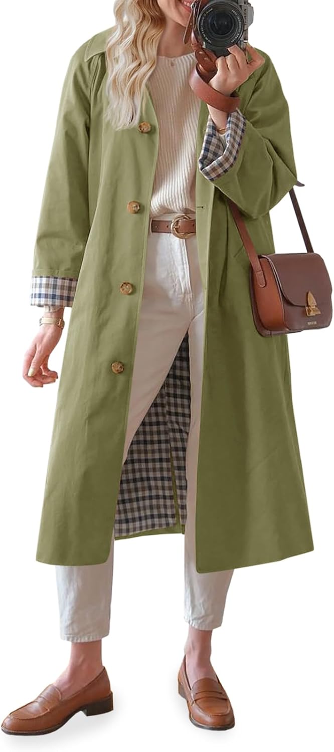 Womens Long Trench Coat Single Breasted Oversized Windproof Overcoat