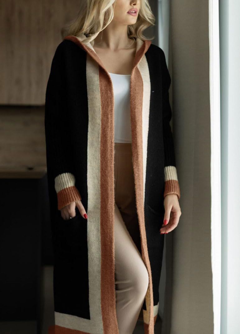 Women's Color Block Vertical Striped Open Front Oversized Hooded Long Cardigan Sweaters with Pockets