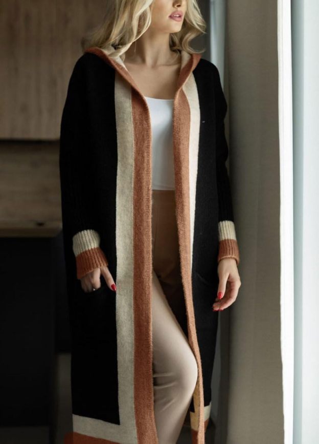 Women's Color Block Vertical Striped Open Front Oversized Hooded Long Cardigan Sweaters with Pockets