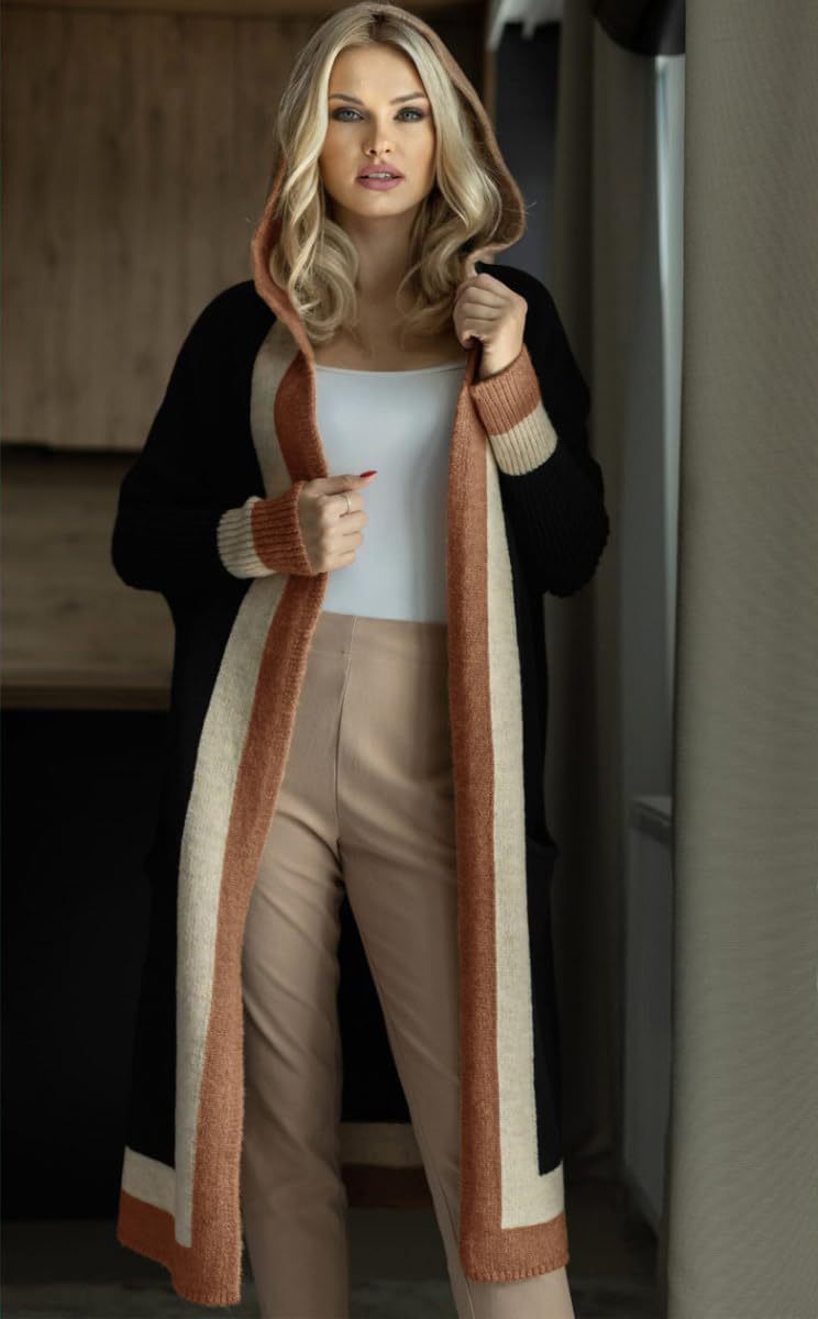 Women's Color Block Vertical Striped Open Front Oversized Hooded Long Cardigan Sweaters with Pockets