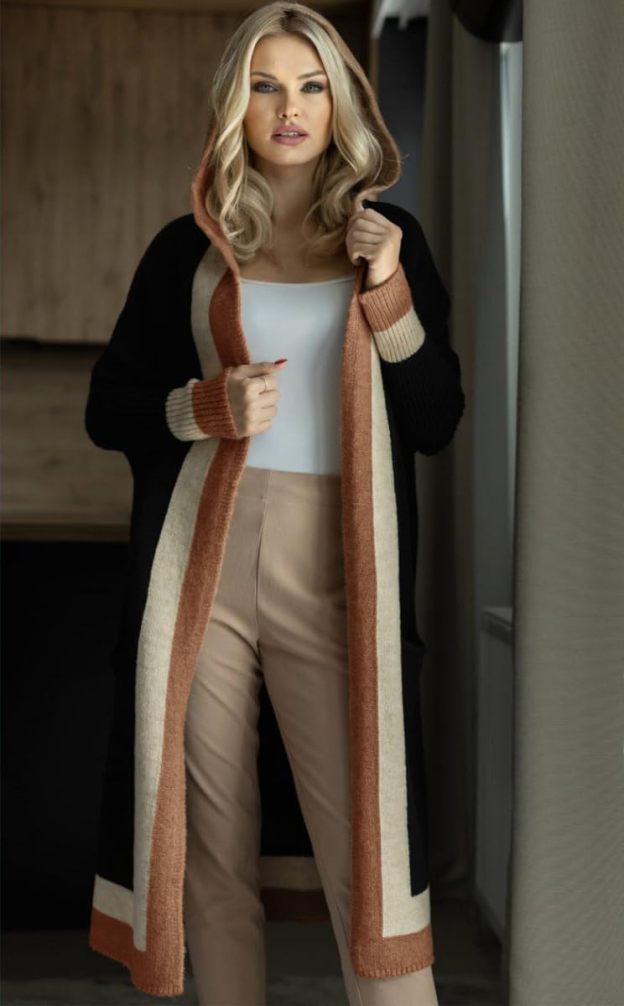 Women's Color Block Vertical Striped Open Front Oversized Hooded Long Cardigan Sweaters with Pockets