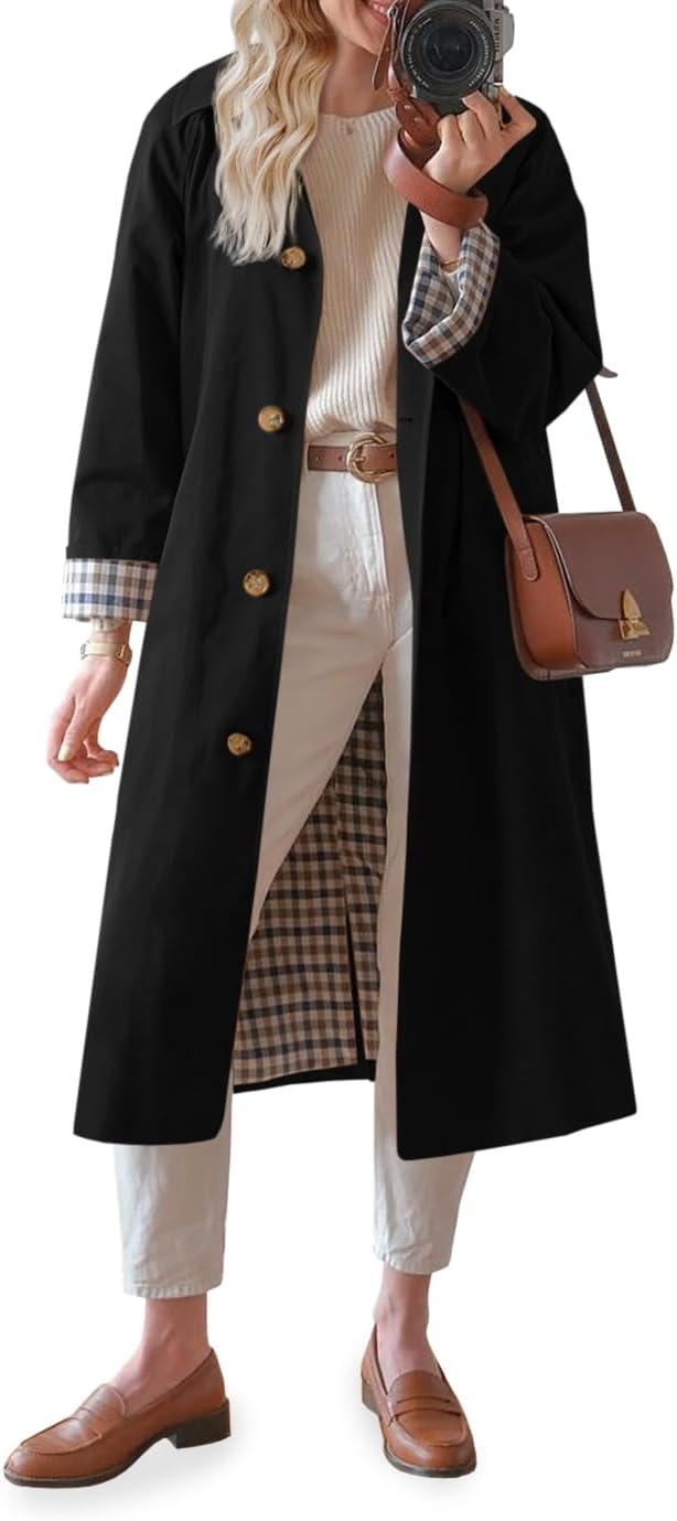 Womens Long Trench Coat Single Breasted Oversized Windproof Overcoat