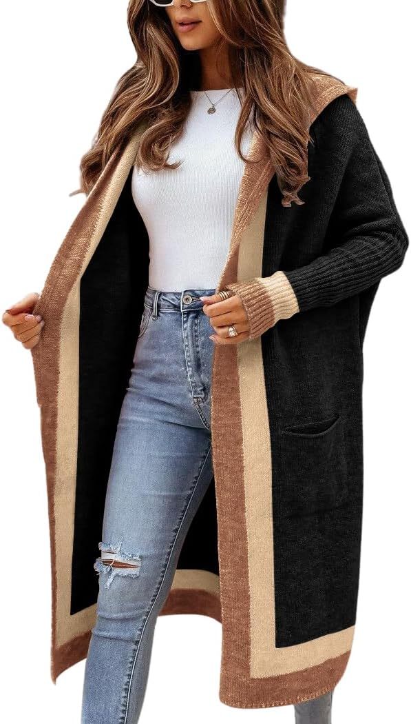 Women's Color Block Vertical Striped Open Front Oversized Hooded Long Cardigan Sweaters with Pockets