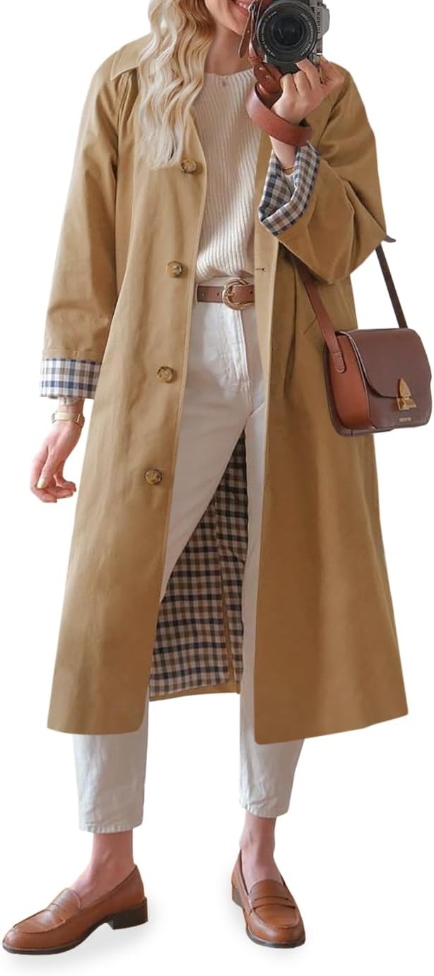 Womens Long Trench Coat Single Breasted Oversized Windproof Overcoat