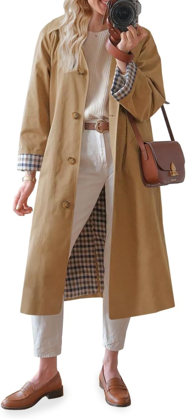 Womens Long Trench Coat Single Breasted Oversized Windproof Overcoat