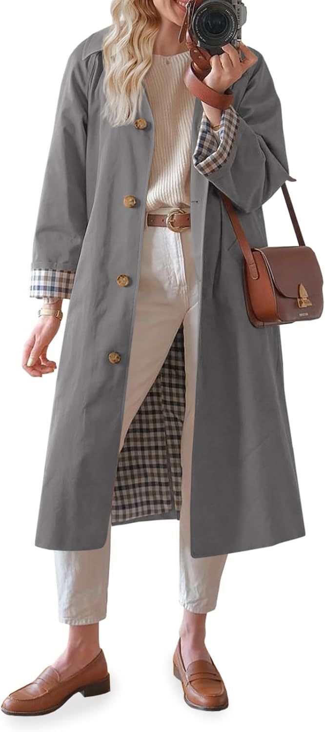 Womens Long Trench Coat Single Breasted Oversized Windproof Overcoat