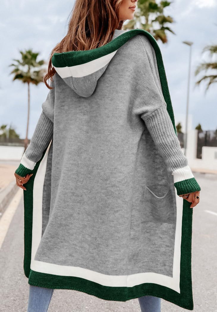 Women's Color Block Vertical Striped Open Front Oversized Hooded Long Cardigan Sweaters with Pockets