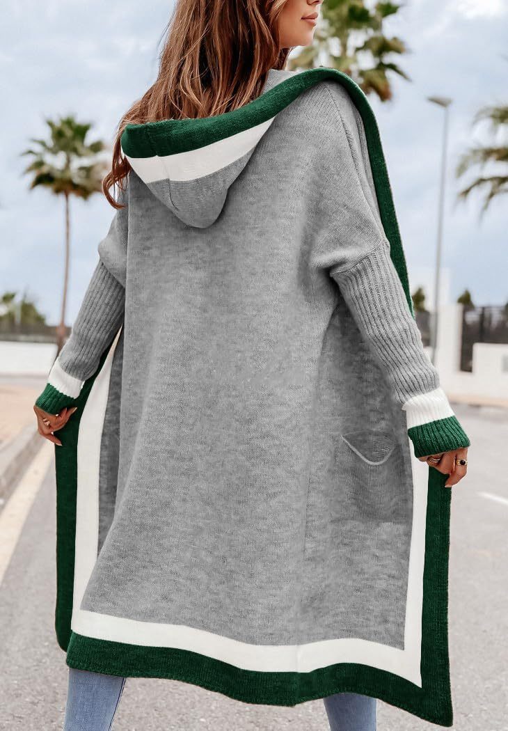 Women's Color Block Vertical Striped Open Front Oversized Hooded Long Cardigan Sweaters with Pockets