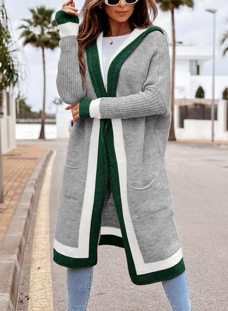 Women's Color Block Vertical Striped Open Front Oversized Hooded Long Cardigan Sweaters with Pockets