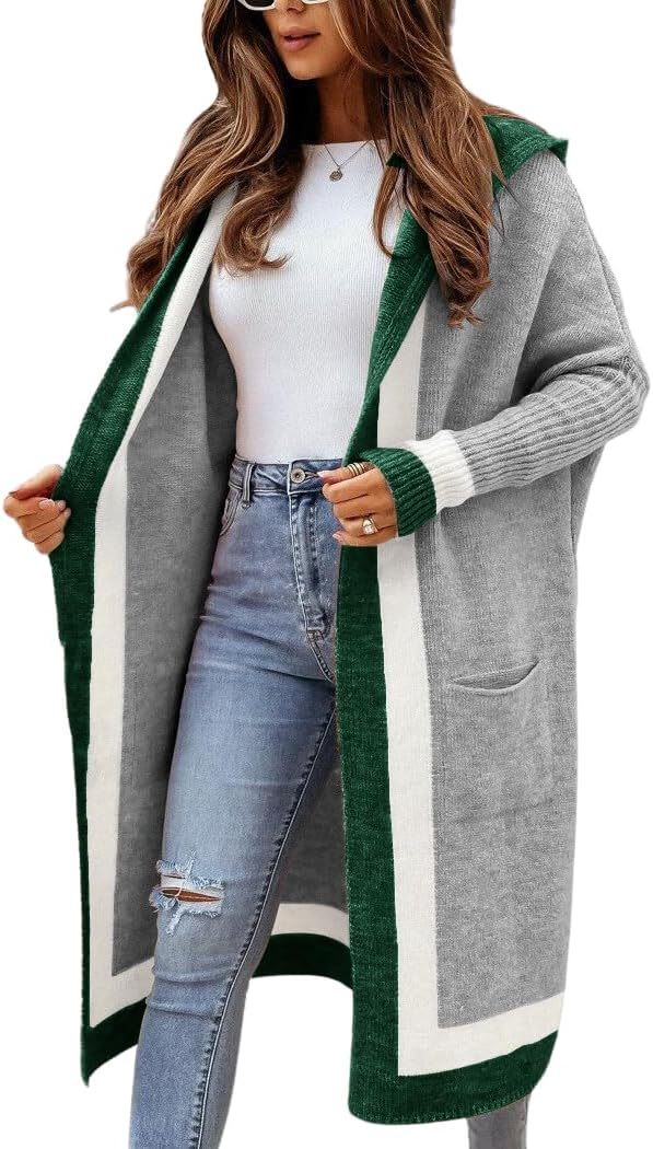 Women's Color Block Vertical Striped Open Front Oversized Hooded Long Cardigan Sweaters with Pockets