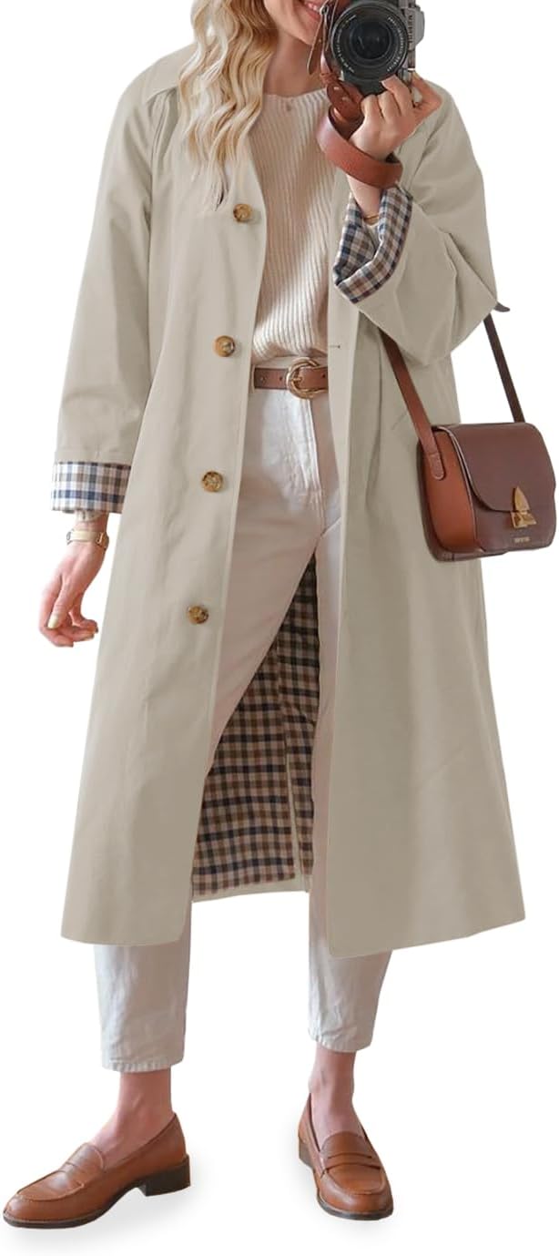 Womens Long Trench Coat Single Breasted Oversized Windproof Overcoat